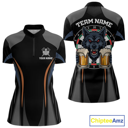 Custom Wolf With Beer Funny Dart Quarter-Zip Shirts For Women Dart Team Jerseys NYN1552