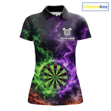 Load image into Gallery viewer, Green And Purple Flames Dartboard &amp; Arrow Women Darts Team Shirt Personalized Dart Polo Jerseys NYN2572