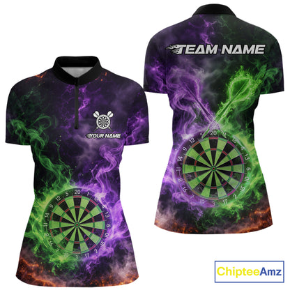 Green And Purple Flames Dartboard & Arrow Women Darts Team Shirt Personalized Dart Quarter-Zip Jerseys NYN2572