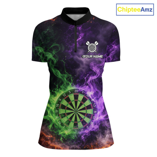 Green And Purple Flames Dartboard & Arrow Women Darts Team Shirt Personalized Dart Quarter-Zip Jerseys NYN2572