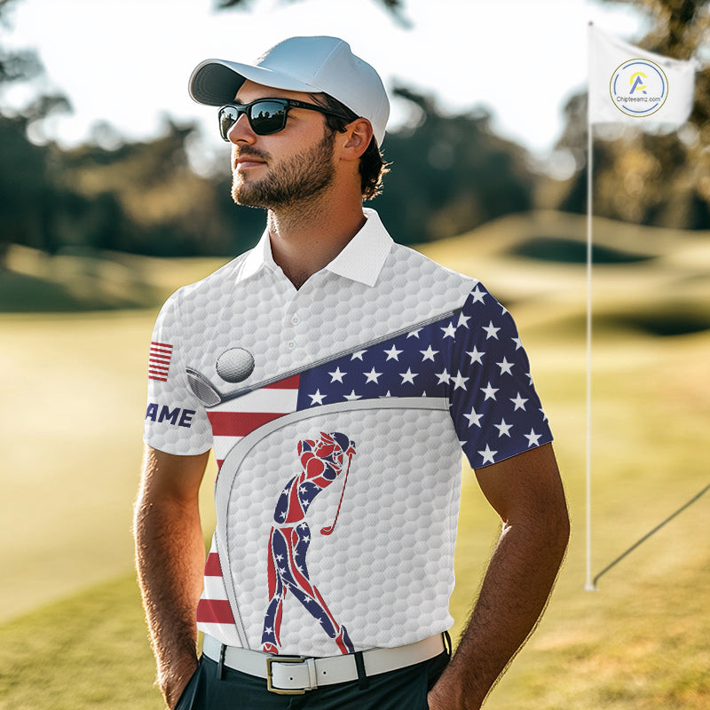 American Flag Patriot Personalized Golf White Mens Golf Polo Shirts Custom Name Golf Gifts NYN3148
