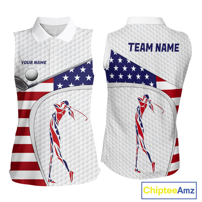 American Flag Patriot Personalized Golf White Womens Golf Sleeveless Polo Shirts Custom Golf Gifts NYN3148