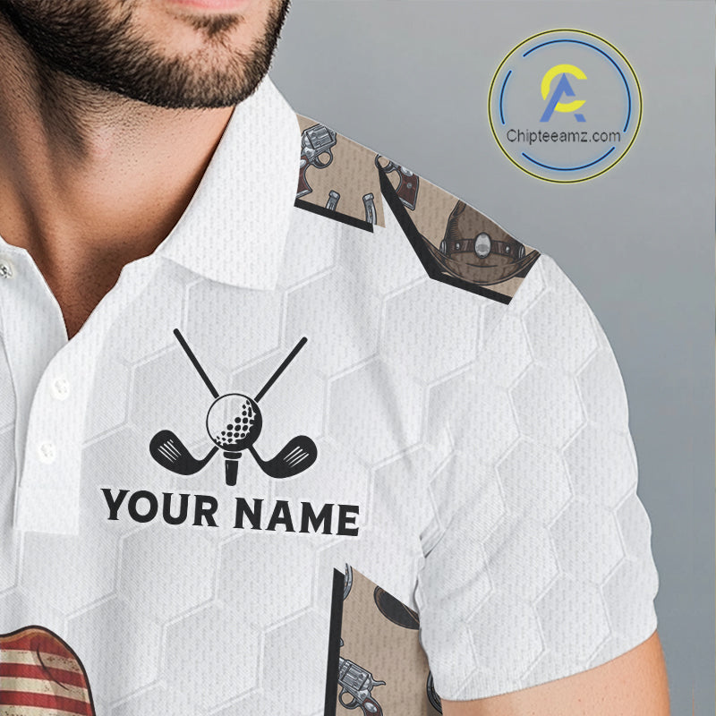 Personalized Cowboy Pattern White Golf Ball Mens Golden Golf Polo Shirts Custom Name Golf Gifts NYN3151