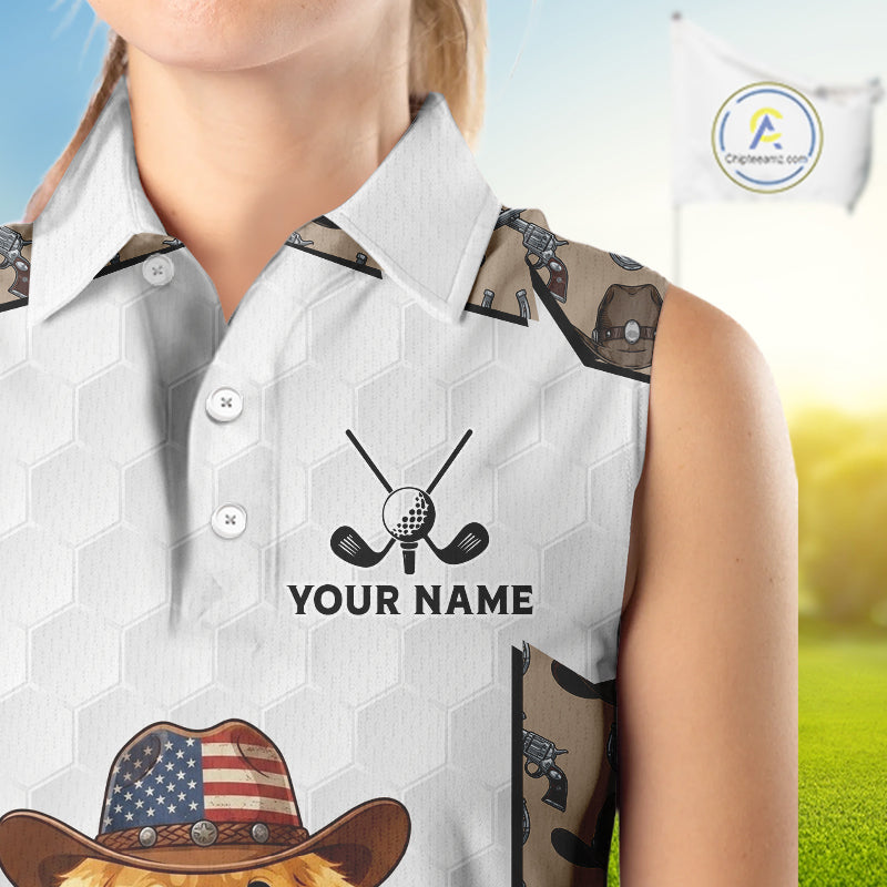 Cowboy Pattern White Golf Ball Womens Golden Golf Sleeveless Polo Shirts Custom Name Golf Gifts NYN3151