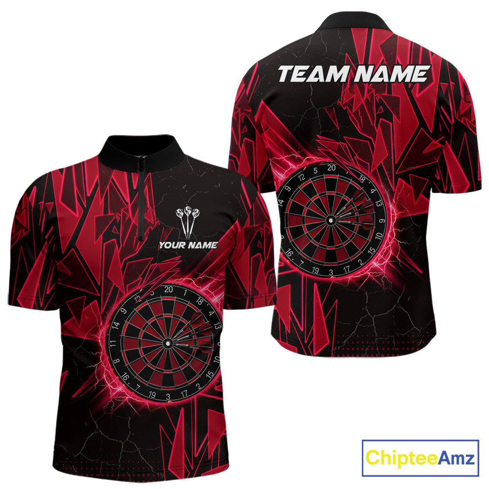 Red broken glass dartboard lightning dart quarter-zip shirt for men custom dart clothing