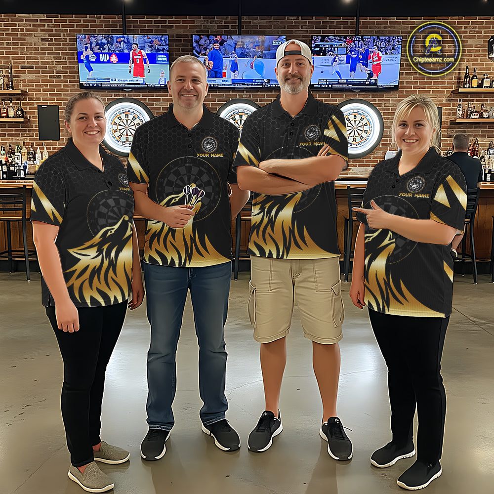 Black And Gold Horror Wolf Dart Shirts For Women Custom Thunder Dartboard Dart Team Name Jerseys NYN3625