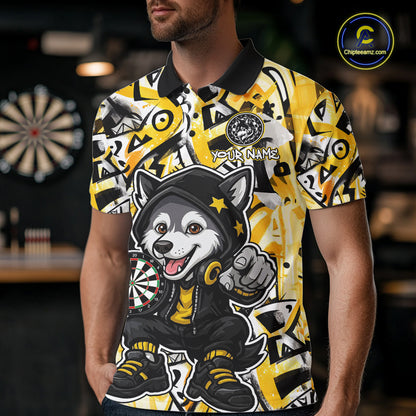 Funny Wolf Dart Shirts For Men Custom Black, White & Yellow Graffiti Dart Team Name Jerseys NYN3626
