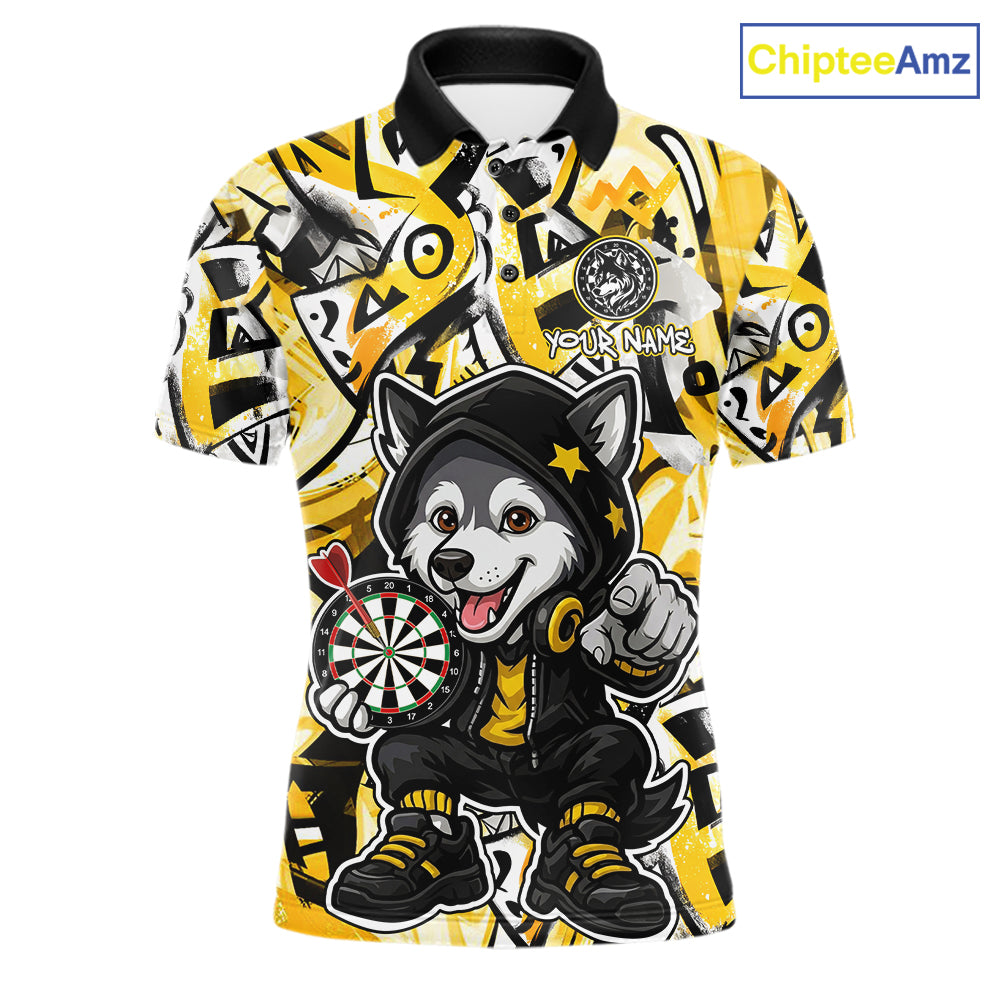 Funny Wolf Dart Shirts For Men Custom Black, White & Yellow Graffiti Dart Team Name Jerseys NYN3626