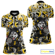 Load image into Gallery viewer, Funny Wolf Dart Shirts For Women Custom Black, White &amp; Yellow Graffiti Dart Team Name Jerseys NYN3626