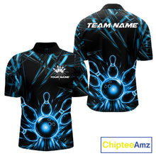 Load image into Gallery viewer, Black and Blue Neon bowling ball and pins men's quarter zip bowling shirt, custom bowling team uniform, personalized bowling jersey
