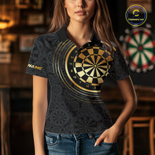Load image into Gallery viewer, Black &amp; Gold Gradient Dartboard Womens Dart Polo Quarter Zip Shirts Custom Team Name Dart Jerseys NYN3630