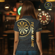 Load image into Gallery viewer, Black &amp; Gold Gradient Dartboard Womens Dart Polo Quarter Zip Shirts Custom Team Name Dart Jerseys NYN3630