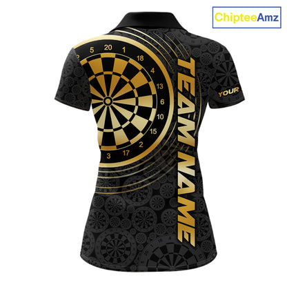 Black & Gold Gradient Dartboard Womens Dart Polo Quarter Zip Shirts Custom Team Name Dart Jerseys NYN3630
