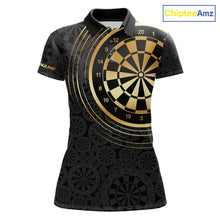 Load image into Gallery viewer, Black &amp; Gold Gradient Dartboard Womens Dart Polo Quarter Zip Shirts Custom Team Name Dart Jerseys NYN3630