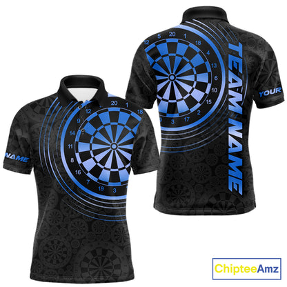 Black & Blue Gradient Dartboard Mens Dart Polo Quarter Zip Shirts Custom Team Name Dart Jerseys NYN3631