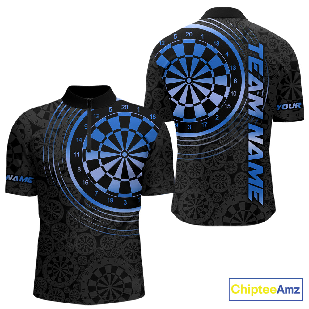Black & Blue Gradient Dartboard Mens Dart Polo Quarter Zip Shirts Custom Team Name Dart Jerseys NYN3631
