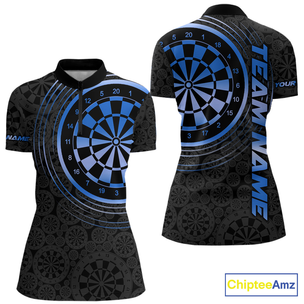 Black & Blue Gradient Dartboard Womens Dart Polo Quarter Zip Shirts Custom Team Name Dart Jerseys NYN3631