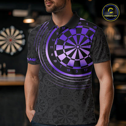 Black & Purple Gradient Dartboard Mens Dart Polo Quarter Zip Shirts Custom Team Name Dart Jerseys NYN3632