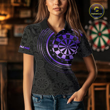Load image into Gallery viewer, Black &amp; Purple Gradient Dartboard Womens Dart Polo Quarter Zip Shirts Custom Team Name Dart Jerseys NYN3632