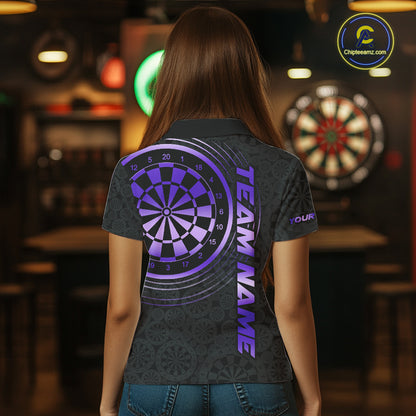 Black & Purple Gradient Dartboard Womens Dart Polo Quarter Zip Shirts Custom Team Name Dart Jerseys NYN3632