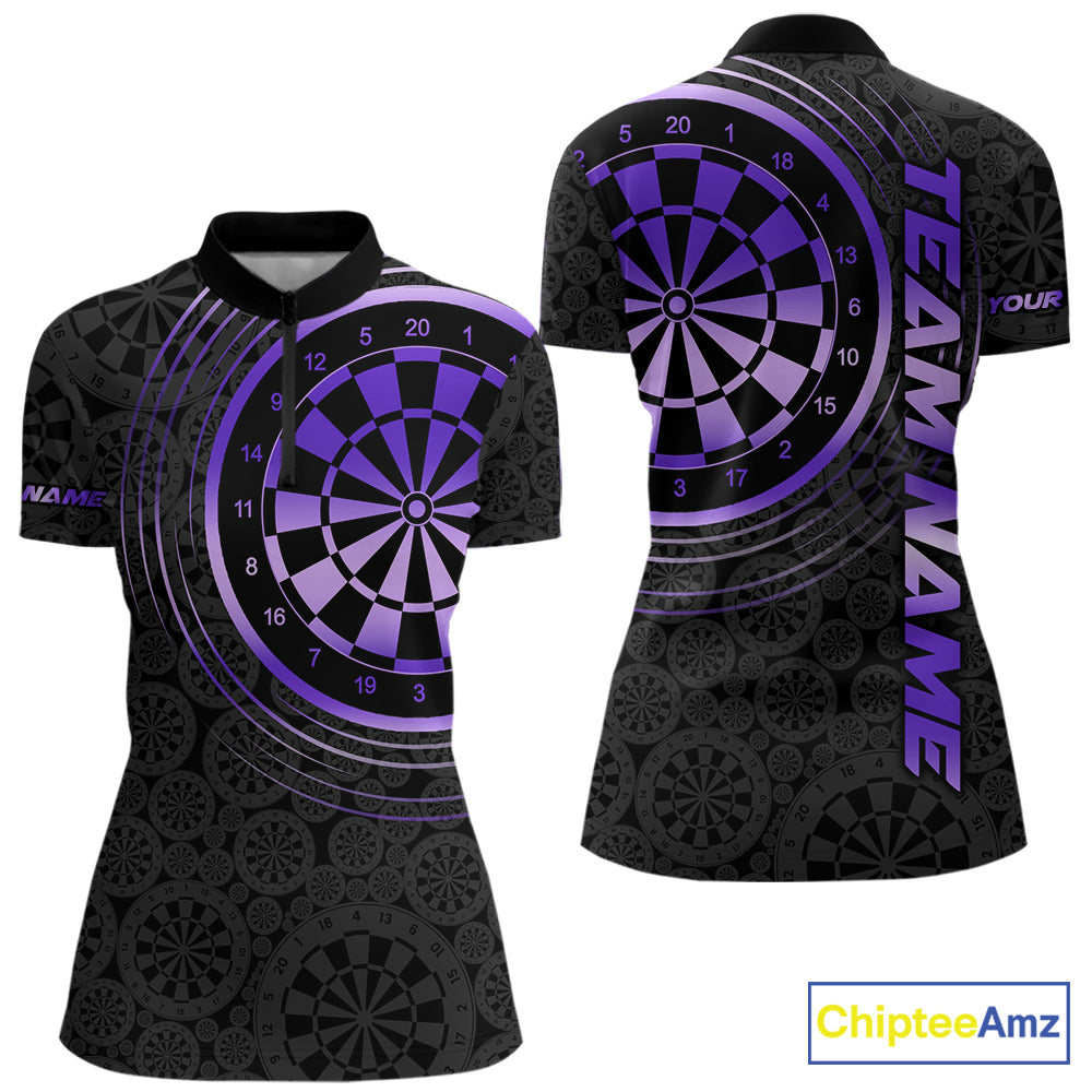 Black & Purple Gradient Dartboard Womens Dart Polo Quarter Zip Shirts Custom Team Name Dart Jerseys NYN3632