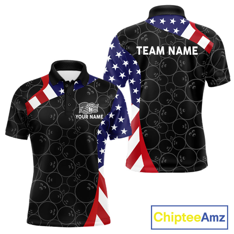 Custom Black Bowling Ball US Flag Bowling Polo 1/4-Zip Shirt For Men Patriotic Bowling Tournament Jersey NYN4652