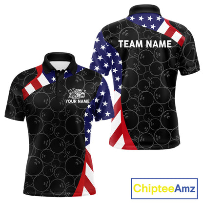 Custom Black Bowling Ball US Flag Bowling Polo 1/4-Zip Shirt For Men Patriotic Bowling Tournament Jersey NYN4652