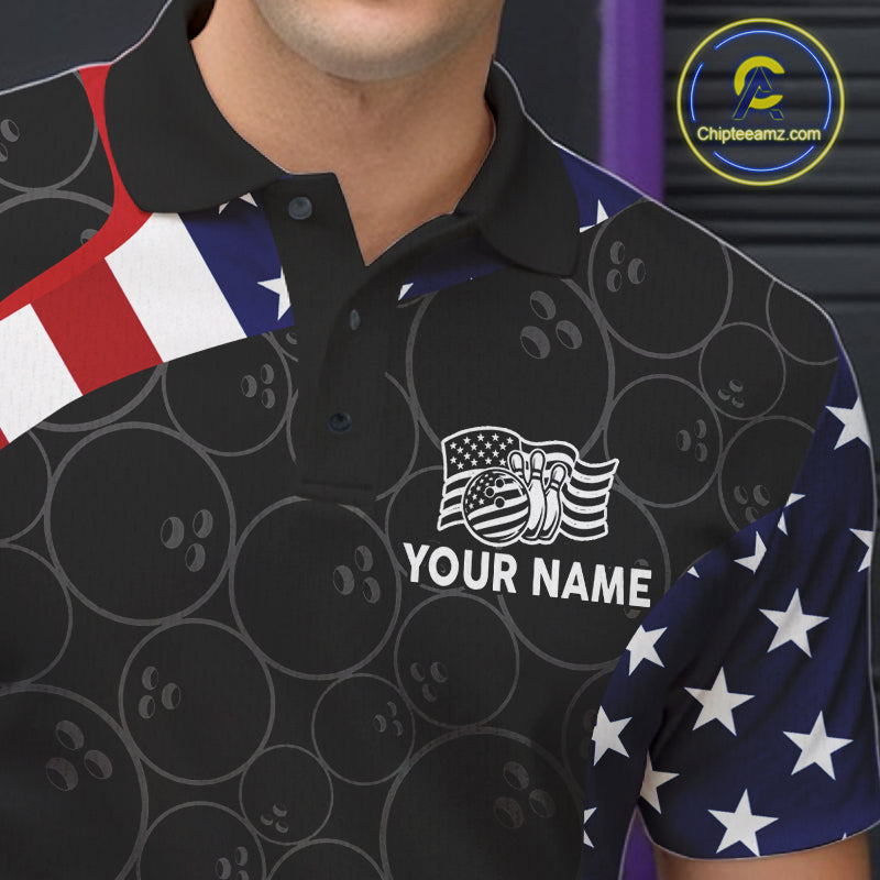 Custom Black Bowling Ball US Flag Bowling Polo 1/4-Zip Shirt For Men Patriotic Bowling Tournament Jersey NYN4652