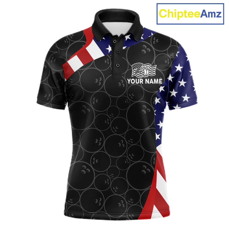 Custom Black Bowling Ball US Flag Bowling Polo 1/4-Zip Shirt For Men Patriotic Bowling Tournament Jersey NYN4652