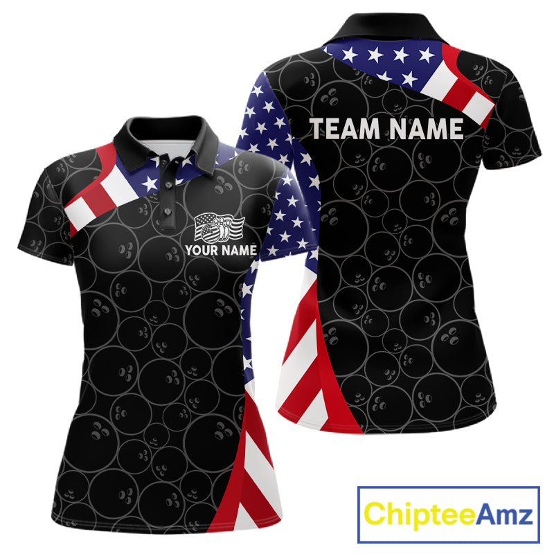 Custom Black Bowling Ball US Flag Bowling Polo 1/4-Zip Shirt For Women Patriotic Bowling Tournament Jersey NYN4652