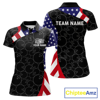 Custom Black Bowling Ball US Flag Bowling Polo 1/4-Zip Shirt For Women Patriotic Bowling Tournament Jersey NYN4652