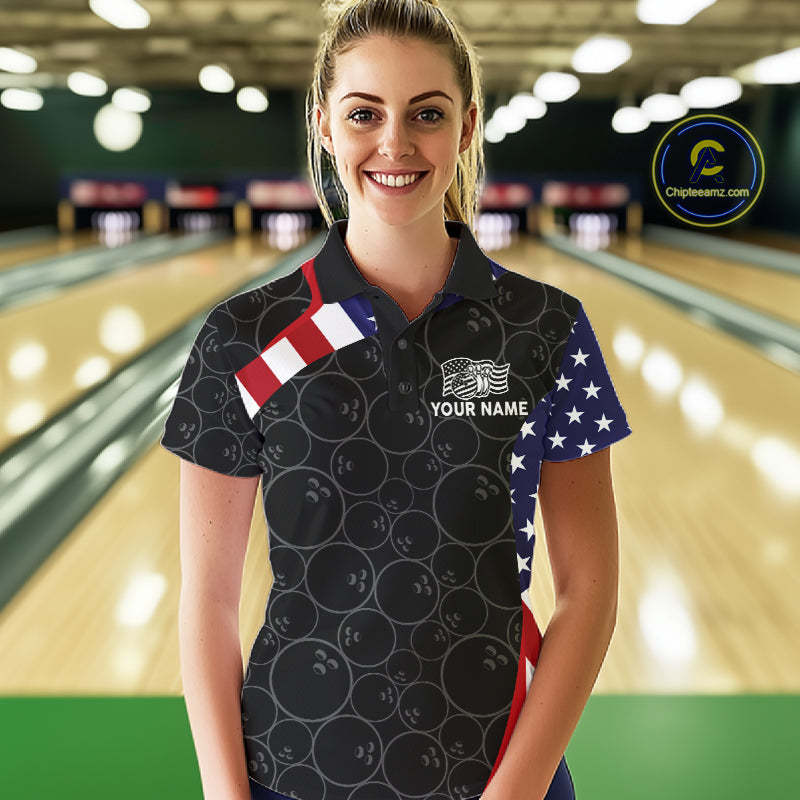 Custom Black Bowling Ball US Flag Bowling Polo 1/4-Zip Shirt For Women Patriotic Bowling Tournament Jersey NYN4652