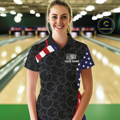 Custom Black Bowling Ball US Flag Bowling Polo 1/4-Zip Shirt For Women Patriotic Bowling Tournament Jersey NYN4652