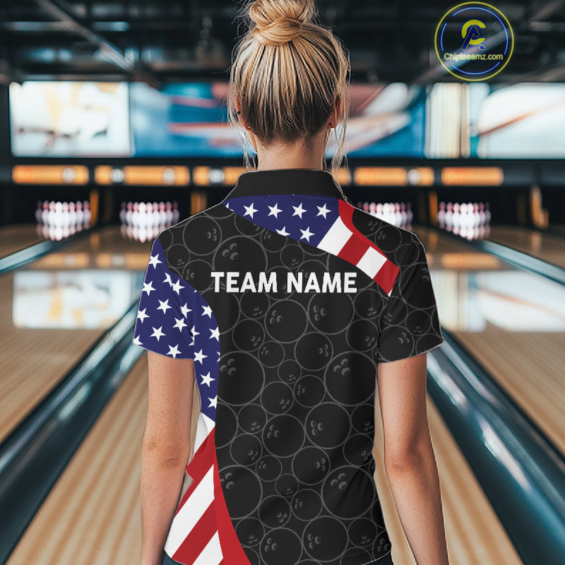 Custom Black Bowling Ball US Flag Bowling Polo 1/4-Zip Shirt For Women Patriotic Bowling Tournament Jersey NYN4652