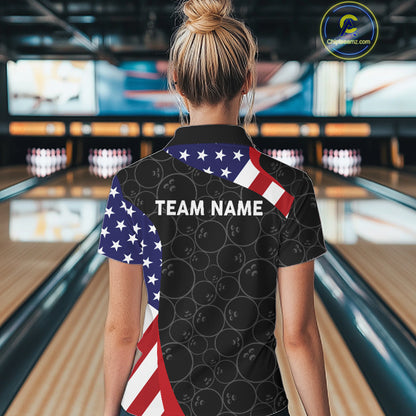 Custom Black Bowling Ball US Flag Bowling Polo 1/4-Zip Shirt For Women Patriotic Bowling Tournament Jersey NYN4652
