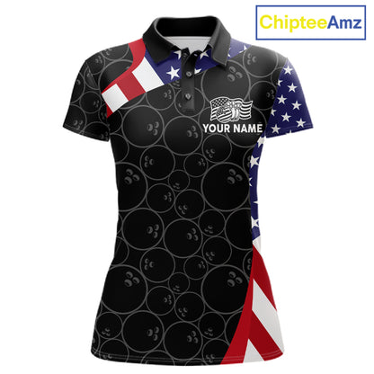Custom Black Bowling Ball US Flag Bowling Polo 1/4-Zip Shirt For Women Patriotic Bowling Tournament Jersey NYN4652