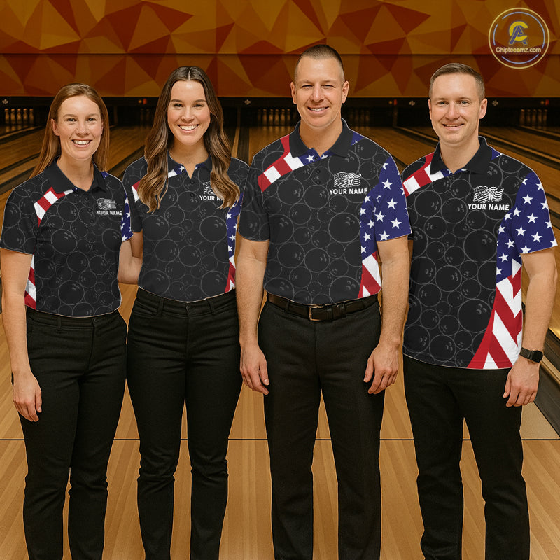 Custom Black Bowling Ball US Flag Bowling Polo 1/4-Zip Shirt For Women Patriotic Bowling Tournament Jersey NYN4652
