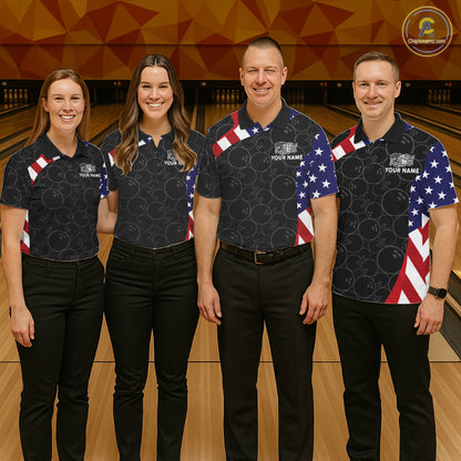 Custom Black Bowling Ball US Flag Bowling Polo 1/4-Zip Shirt For Women Patriotic Bowling Tournament Jersey NYN4652