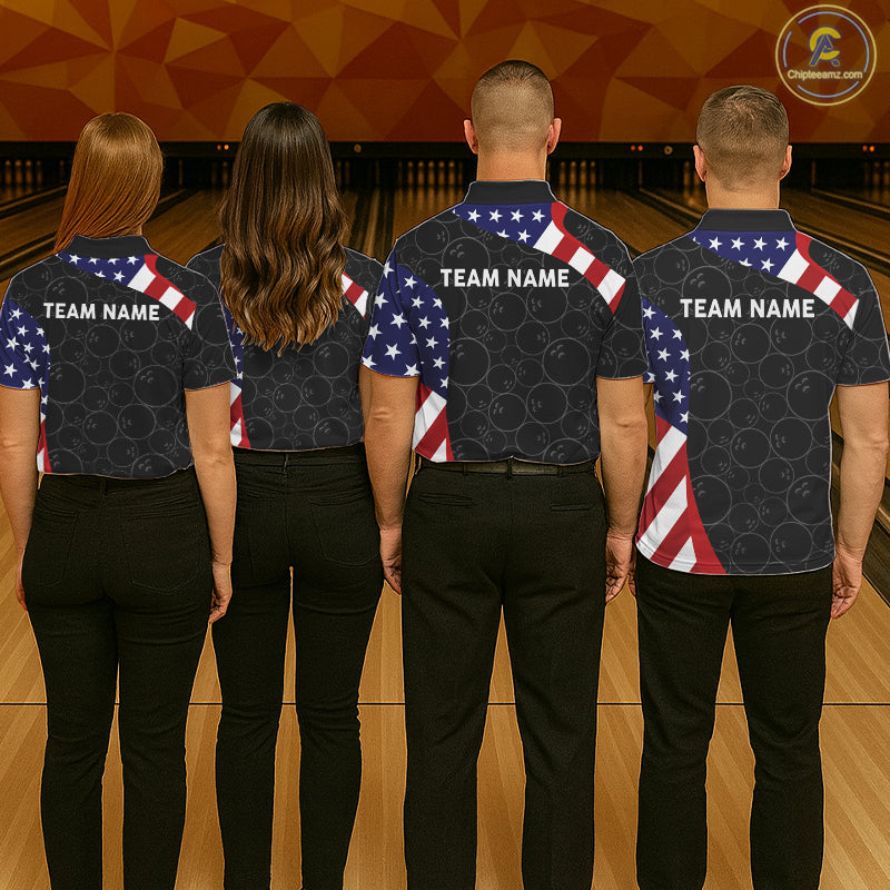 Custom Black Bowling Ball US Flag Bowling Polo 1/4-Zip Shirt For Women Patriotic Bowling Tournament Jersey NYN4652