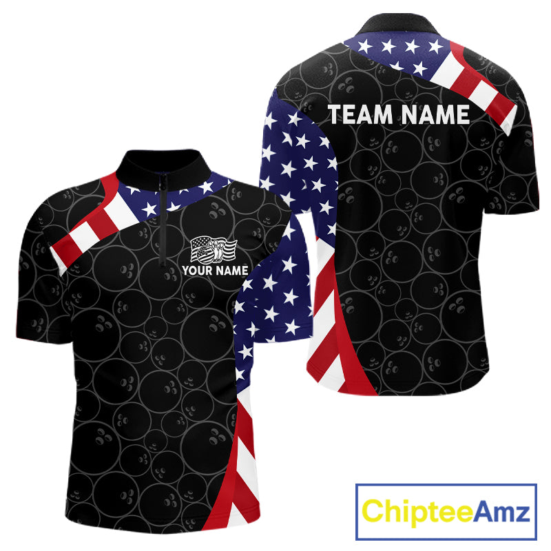 Custom Black Bowling Ball US Flag Bowling Polo 1/4-Zip Shirt For Men Patriotic Bowling Tournament Jersey NYN4652