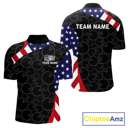 Custom Black Bowling Ball US Flag Bowling Polo 1/4-Zip Shirt For Men Patriotic Bowling Tournament Jersey NYN4652