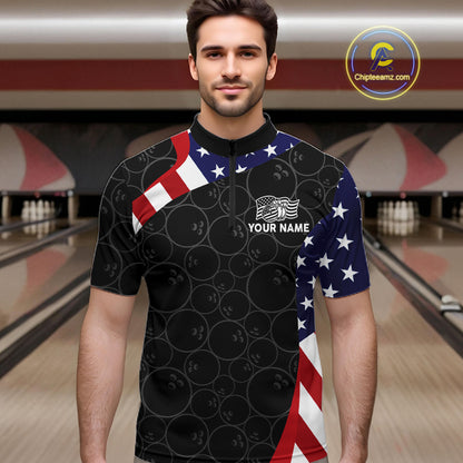 Custom Black Bowling Ball US Flag Bowling Polo 1/4-Zip Shirt For Men Patriotic Bowling Tournament Jersey NYN4652