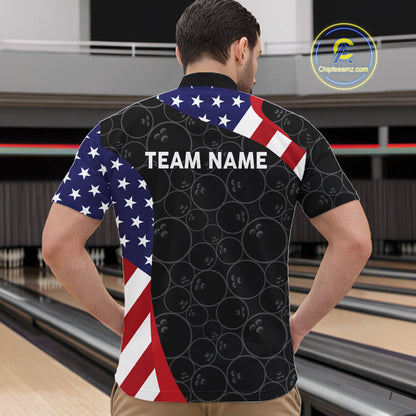Custom Black Bowling Ball US Flag Bowling Polo 1/4-Zip Shirt For Men Patriotic Bowling Tournament Jersey NYN4652