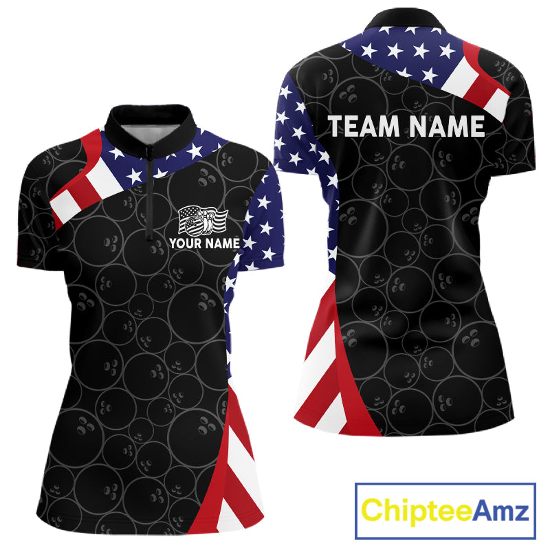 Custom Black Bowling Ball US Flag Bowling Polo 1/4-Zip Shirt For Women Patriotic Bowling Tournament Jersey NYN4652