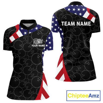 Custom Black Bowling Ball US Flag Bowling Polo 1/4-Zip Shirt For Women Patriotic Bowling Tournament Jersey NYN4652