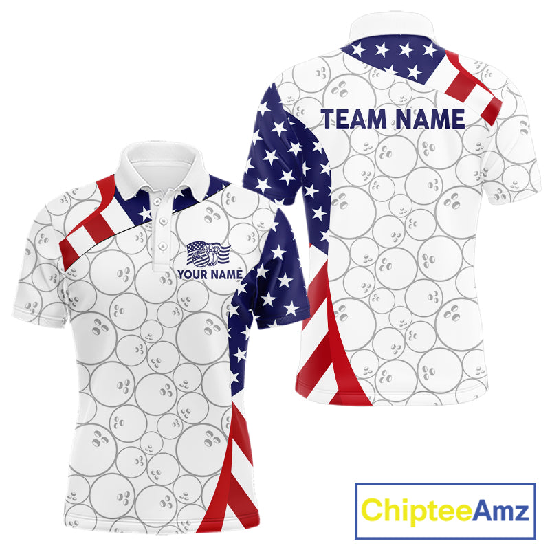 Custom White Bowling Ball US Flag Bowling Polo 1/4-Zip Shirt For Men Patriotic Bowling Tournament Jersey NYN4653