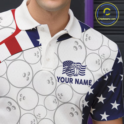 Custom White Bowling Ball US Flag Bowling Polo 1/4-Zip Shirt For Men Patriotic Bowling Tournament Jersey NYN4653