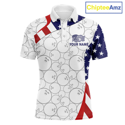 Custom White Bowling Ball US Flag Bowling Polo 1/4-Zip Shirt For Men Patriotic Bowling Tournament Jersey NYN4653