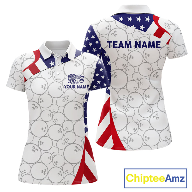 Custom White Bowling Ball US Flag Bowling Polo 1/4-Zip Shirt For Women Patriotic Bowling Tournament Jersey NYN4653