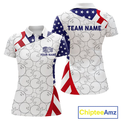Custom White Bowling Ball US Flag Bowling Polo 1/4-Zip Shirt For Women Patriotic Bowling Tournament Jersey NYN4653